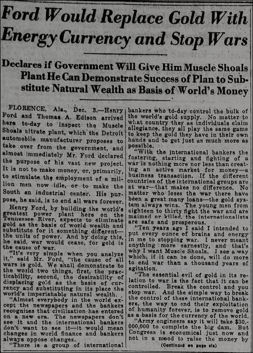 New York Tribune 1921 - Ford Would Replace Gold With Energy Currency